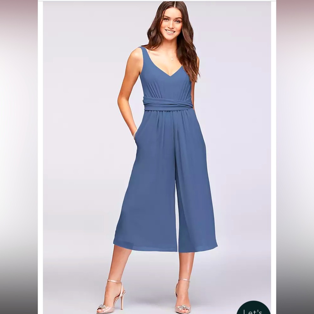 NWT SIZE 26W David’s Bridal V-Neck Chiffon Jumpsuit Steel Blue Tie Waist Formal